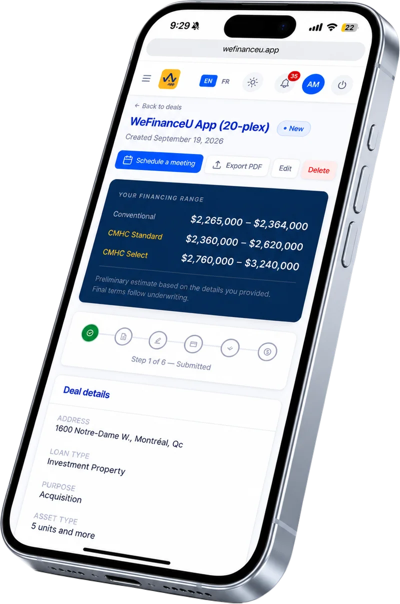 The WeFinanceU app on a phone, showing a deal’s conventional and CMHC financing ranges