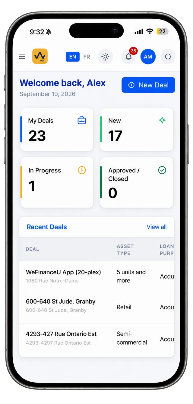 The WeFinanceU app on a phone, showing a deal summary and the most recent deals